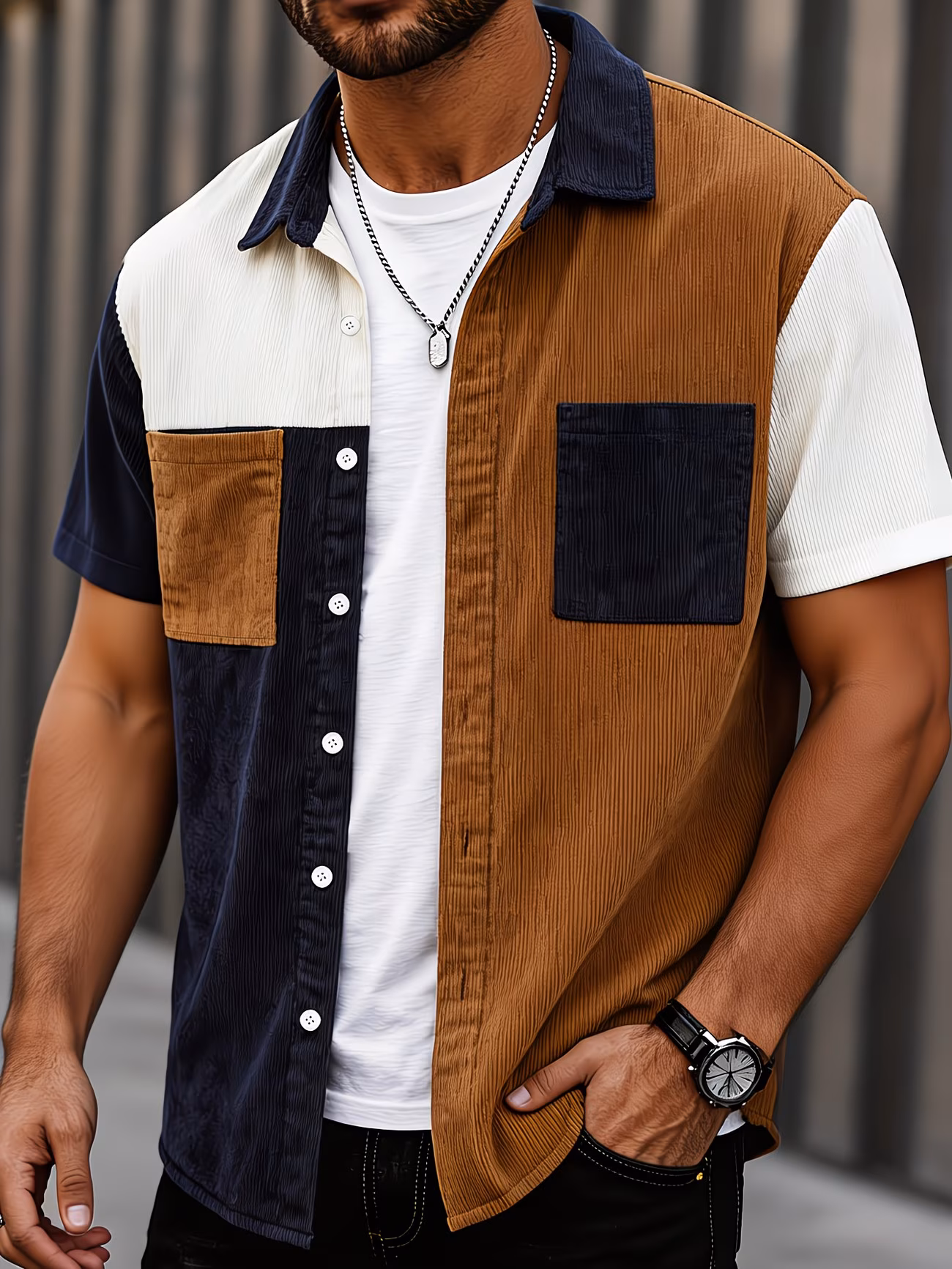  Patchwork Short-Sleeve Shirt