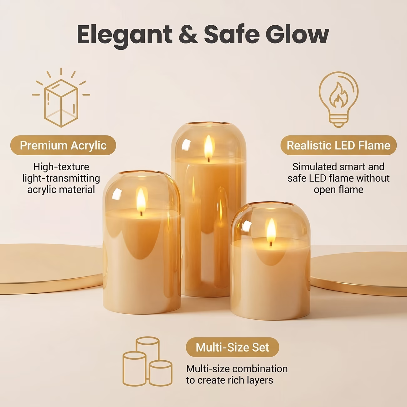 Set of 3 Golden Flameless Battery-operated Candles
