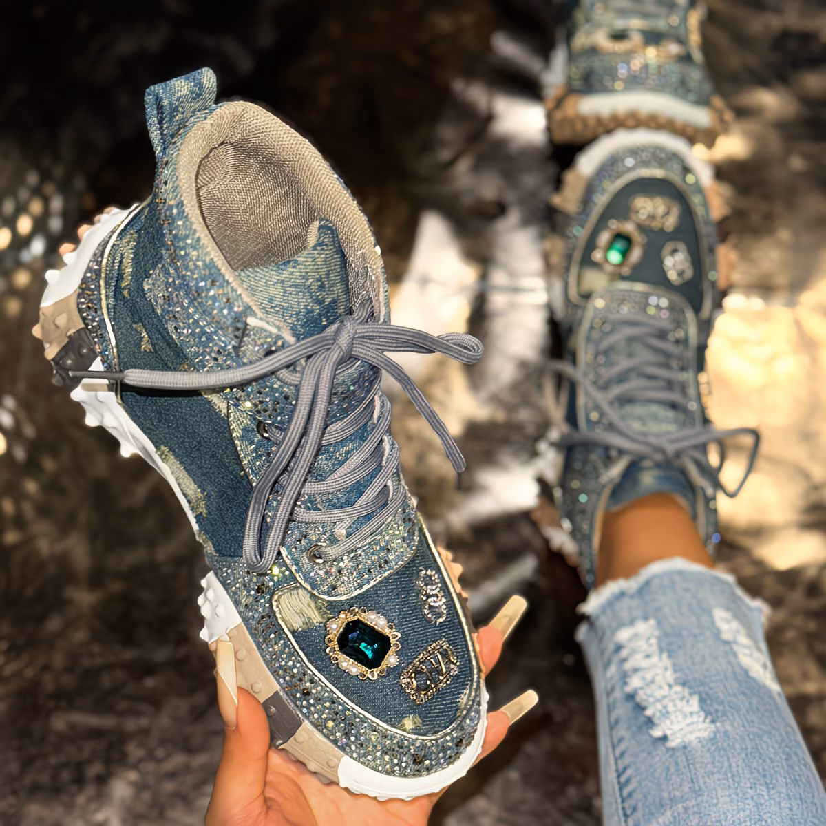  Rhinestone High-Top Shoes